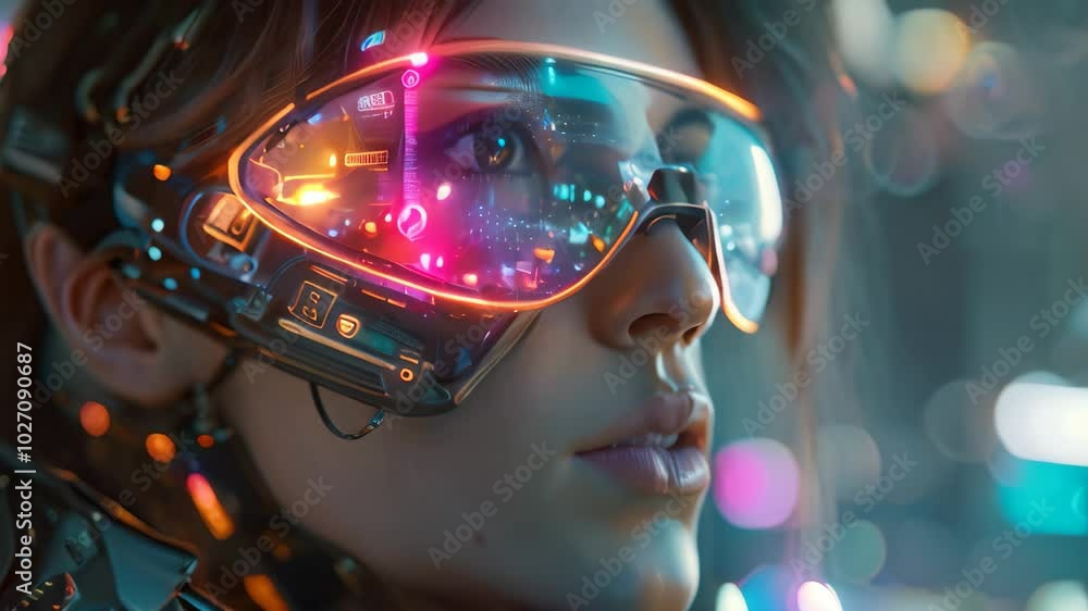 A close-up of a woman wearing futuristic glasses with glowing displays, looking into the distance in a neon-lit city, Futuristic depiction of a woman with technological enhancements A close-up of a woman wearing futuristic glasses with glowing displays, looking into the distance in a neon-lit city, Futuristic depiction of a woman with technological enhancements