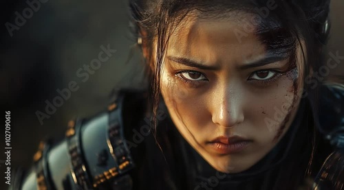 Scene of an ancient asian female warrior posing cool, Camera slow motion with different angles