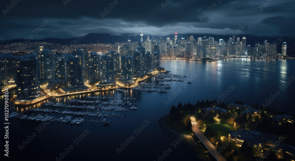 Fototapeta premium Urban Waterfront Illumination at Twilight