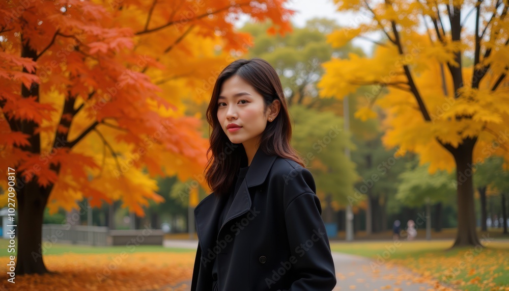 Young Asian woman standing in an autumn park with vibrant yellow and orange trees Young Asian woman standing in an autumn park with vibrant yellow and orange trees