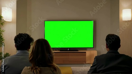 Family watch modern tv with green screen in living room on the sofa. Generative AI