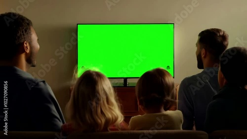 Family watch modern tv with green screen in living room on the sofa. Generative AI