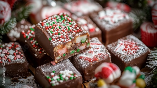 Seasonal festive fudge with sprinkles displayed on a wooden table