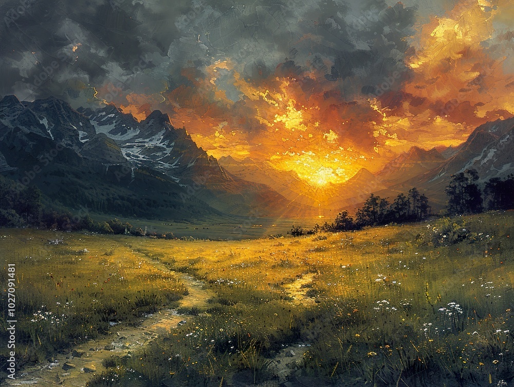 Golden Sunset Over Majestic Mountain Range Golden Sunset Over Majestic Mountain Range