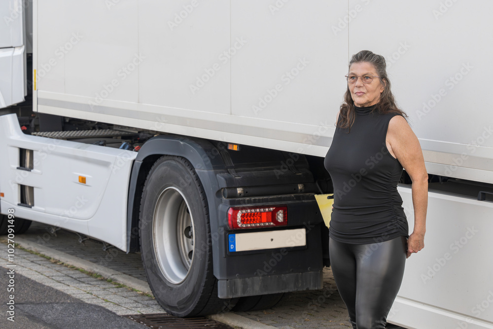 Ältere LKW Fahrerin vor Fahrtantritt