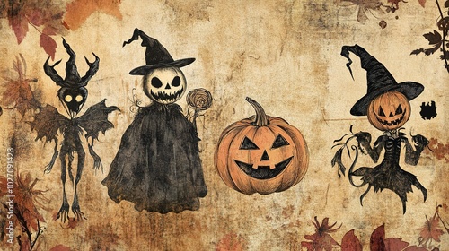 Vintage Halloween digital paper with classic spooky motifs, featuring pumpkins, bats, ghosts, and cobwebs in retro-style patterns. Perfect for crafting, scrapbooking, and seasonal decorations 