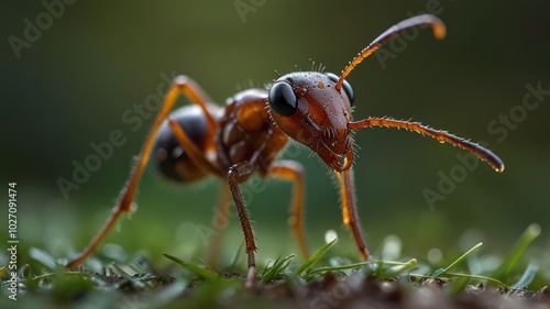 A close-up of a red ant with large black eyes standing on green grass.