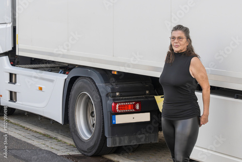 Obraz na płótnie Ältere LKW Fahrerin vor Fahrtantritt w salonie