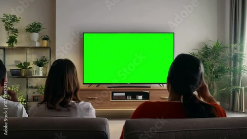 Family watch modern tv with green screen in living room on the sofa. Generative AI