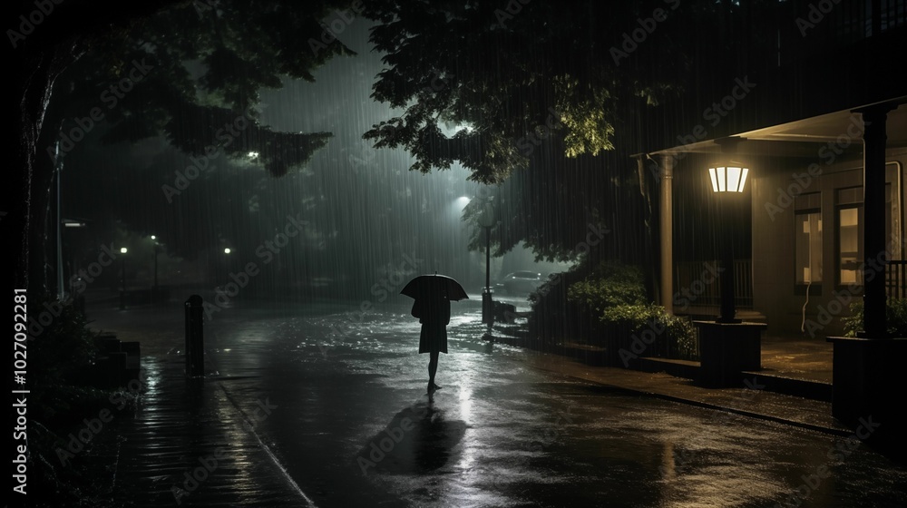 A silhouette of a person standing in the street at a rainy night wallpaper. Generative ai A silhouette of a person standing in the street at a rainy night wallpaper. Generative ai
