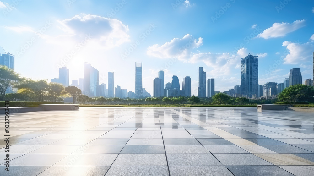 Urban Oasis: Sunny City Skyline and Plaza Urban Oasis: Sunny City Skyline and Plaza