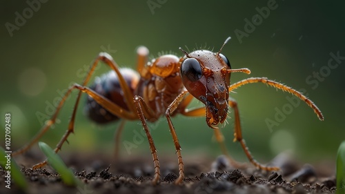 Wallpaper Mural A close-up of a red ant with a blurry green background. The ant has large eyes and a segmented body. Torontodigital.ca