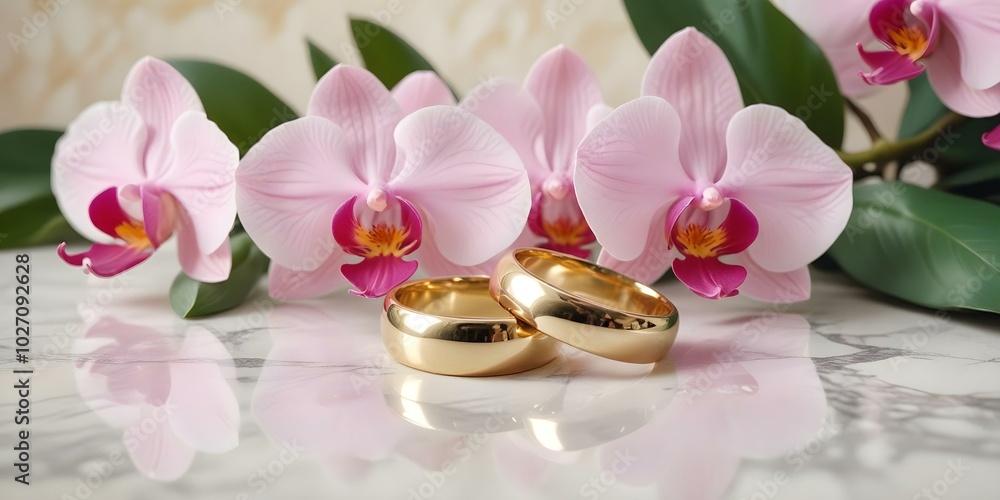 Two gold wedding rings with copy space on marble with a blurred background of delicate orchids and greenery Two gold wedding rings with copy space on marble with a blurred background of delicate orchids and greenery