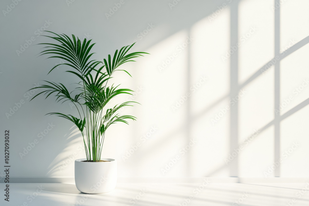 Bright minimalist interior with a potted plant and soft sunlight shadows Bright minimalist interior with a potted plant and soft sunlight shadows
