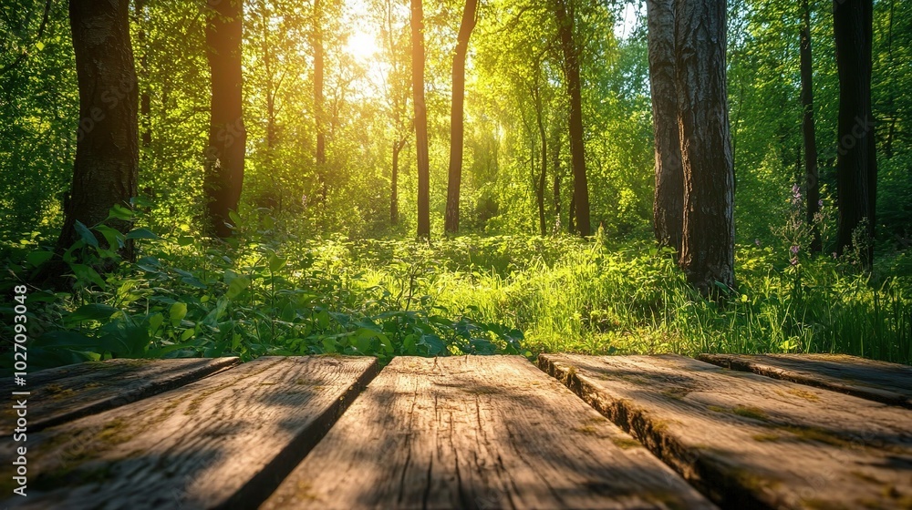 Sunlit Forest with Wooden Pathway in Nature Sunlit Forest with Wooden Pathway in Nature