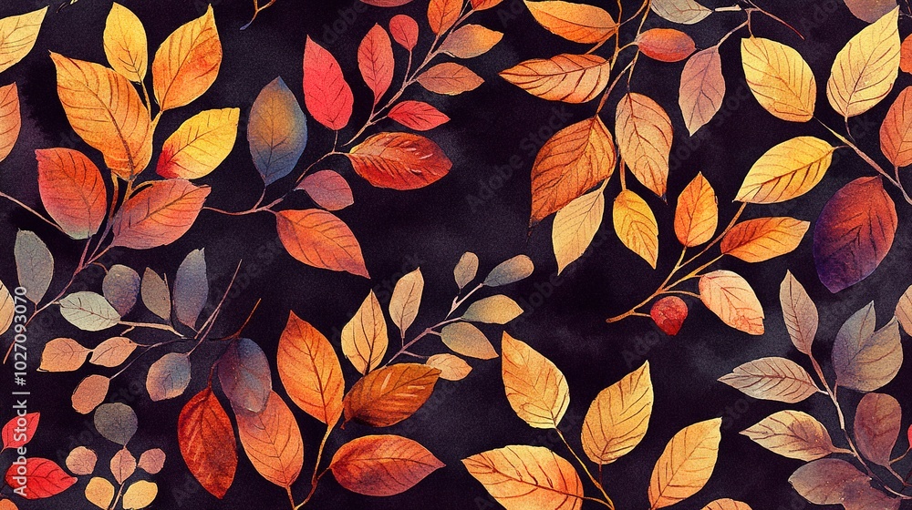 Seamless watercolor pattern with autumn leaves and country motifs. Hand-painted rustic design featuring a variety of fall foliage in warm shades, perfect for seasonal decorations and textile designs. Seamless watercolor pattern with autumn leaves and country motifs. Hand-painted rustic design featuring a variety of fall foliage in warm shades, perfect for seasonal decorations and textile designs.