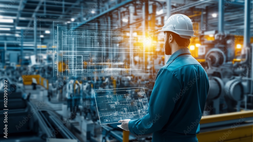 Engineer analyzing data in a modern factory during daytime operations Engineer analyzing data in a modern factory during daytime operations