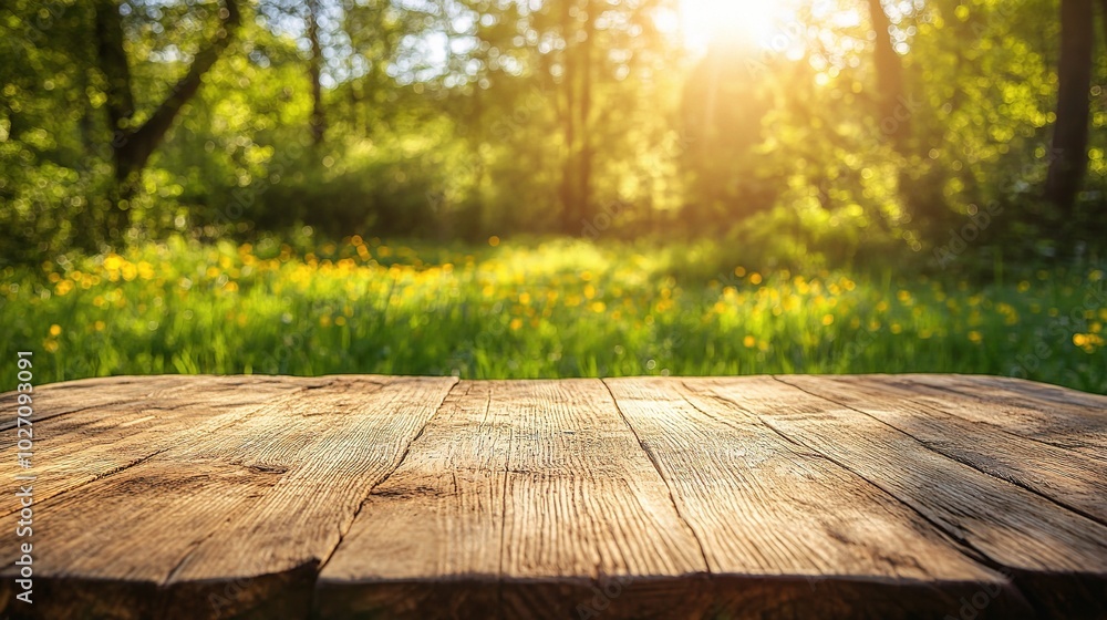 Wooden Table in Lush Green Forest at Sunrise Wooden Table in Lush Green Forest at Sunrise