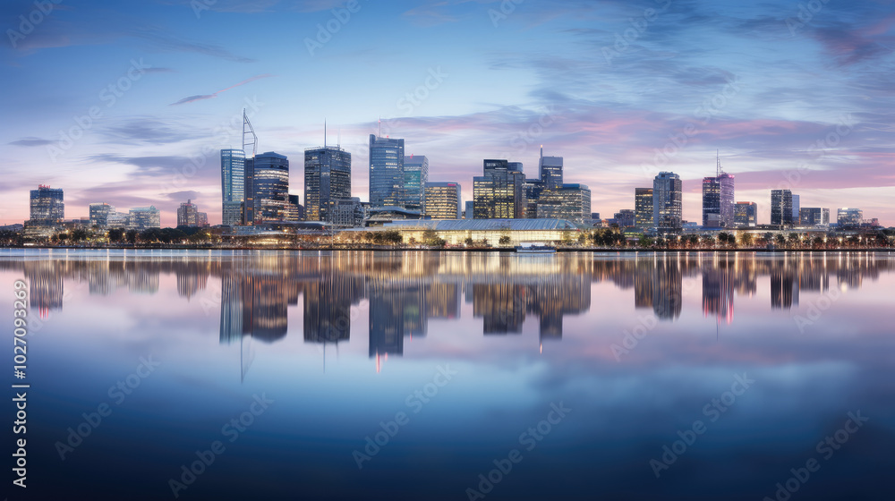 Naklejka premium Serene Twilight: City Skyline and Water Reflection