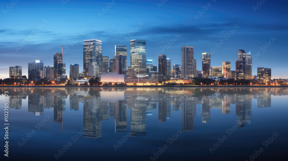 Fototapeta premium Serene Cityscape Reflection at Twilight
