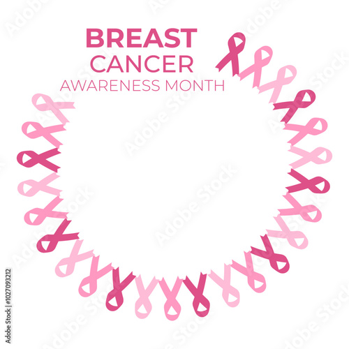 Decorative frame from pink ribbons, isolated on white. Breast cancer awareness month. Vector. Card, background, poster, social, banner, wallpaper.