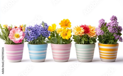 Wallpaper Mural Five colorful potted flowers in a row, arranged from pink to purple, on a white background. Torontodigital.ca