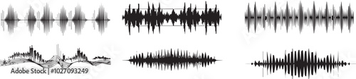 Print  Black sound waves. Abstract music wave, radio signal frequency and digital voice visualisation. Tune equalizer vector set. Monochrome volume audio lines,