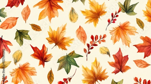 Seamless watercolor pattern with autumn leaves and country motifs. Hand-painted rustic design featuring a variety of fall foliage in warm shades, perfect for seasonal decorations and textile designs.