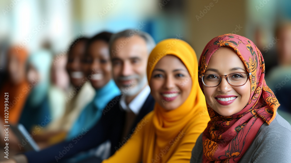 Happy Muslim woman smiling with beautiful white teeth wearing red head dress, scarf and glasses with diverse group people in the background Happy Muslim woman smiling with beautiful white teeth wearing red head dress, scarf and glasses with diverse group people in the background