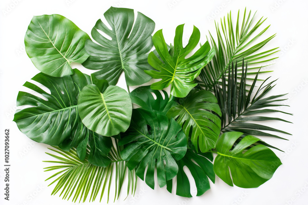 Vibrant tropical leaves arrangement on a white background creating serenity Vibrant tropical leaves arrangement on a white background creating serenity