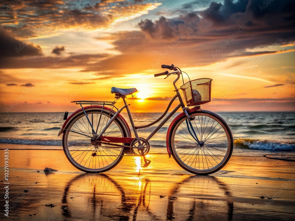 Fototapeta premium Vintage Bicycle with Bokeh Effect at Sunset Beach - Perfect for Nostalgic Themes