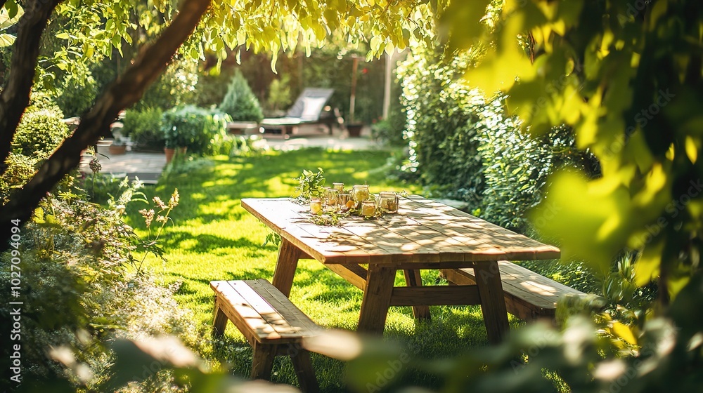 Naklejka premium Tranquil Garden Dining Setup in Natural Light