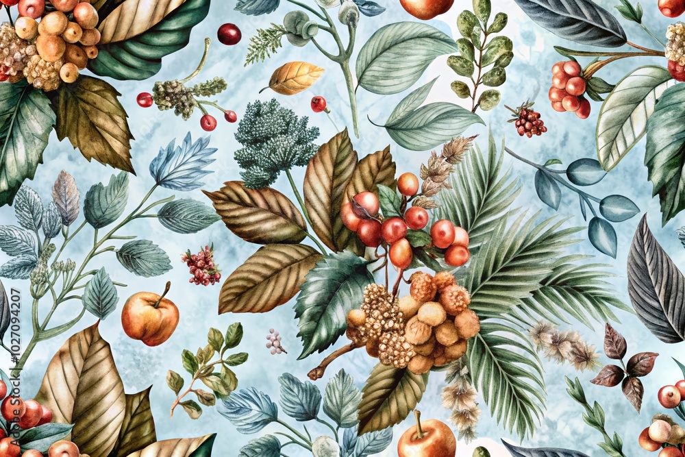 Obraz premium Vintage Botanical Autumn Pattern - Hand Drawn Floral Design with Berries, Leaves, and Branches in Brown Tones