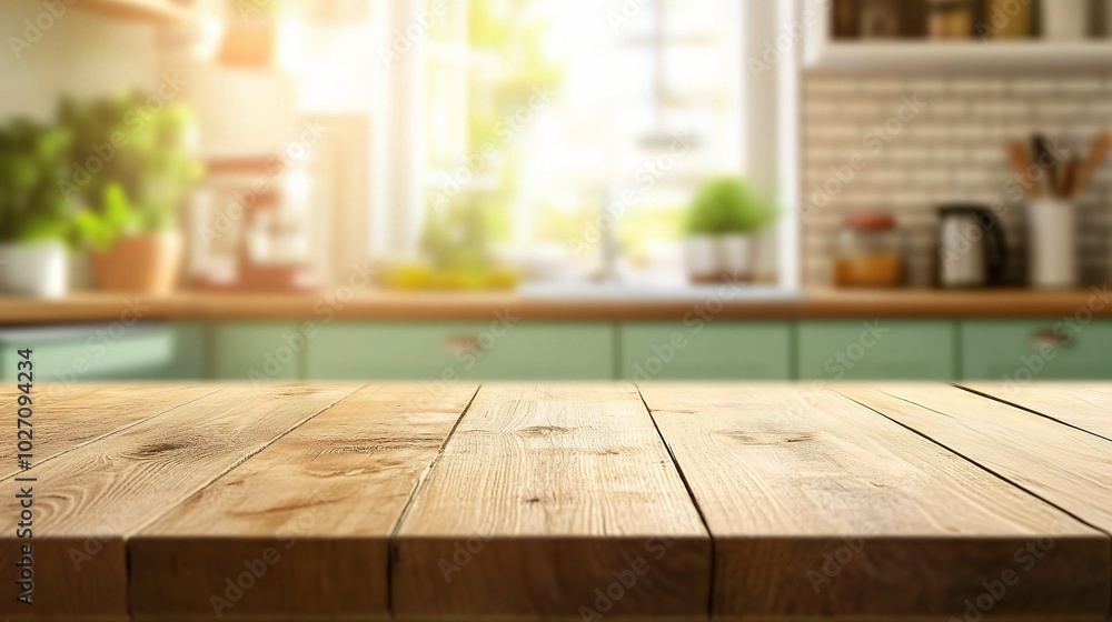 Wooden table in a bright kitchen setting Wooden table in a bright kitchen setting