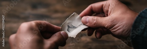 Two hands delicately hold an old, torn black-and-white photograph, evoking nostalgia, memory, time's passage, and the longing for the past. photo