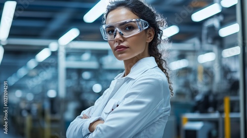 Woman in safety glasses standing confidently in a modern laboratory