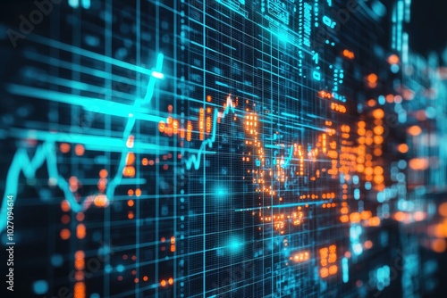 Dynamic digital graph displaying financial data trends in vibrant blue and orange tones. Perfect for illustrating analytics concepts.