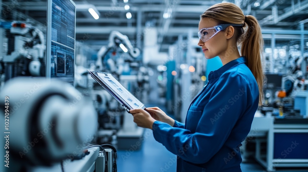 Engineer analyzing data in a high-tech manufacturing facility Engineer analyzing data in a high-tech manufacturing facility