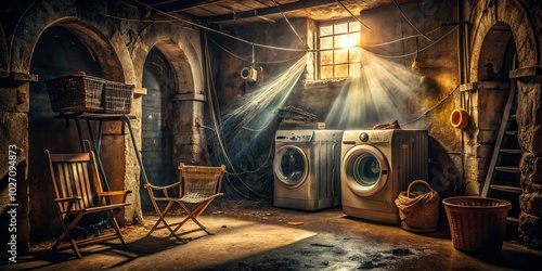 Vintage Charm of Old Washing Machines in a Dimly Lit Basement photo