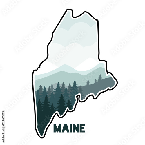 Maine State Illustration with Pine Trees and Mountain Landscape