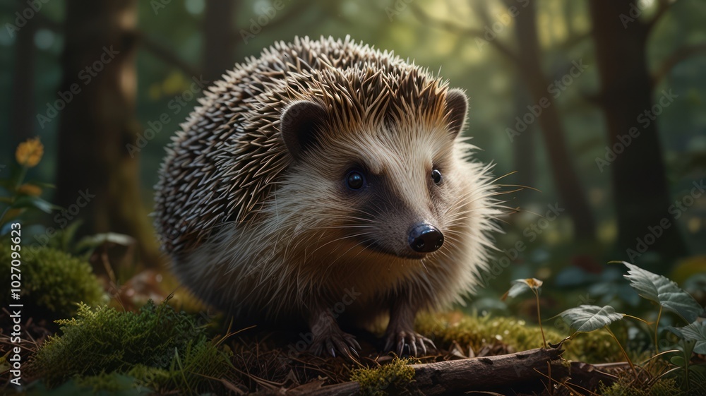 Fototapeta premium a hedgehog standing in a sun-dappled forest. Its spiny coat glistens in the warm light, and its small, beady eyes peer out from beneath its curled-up body.