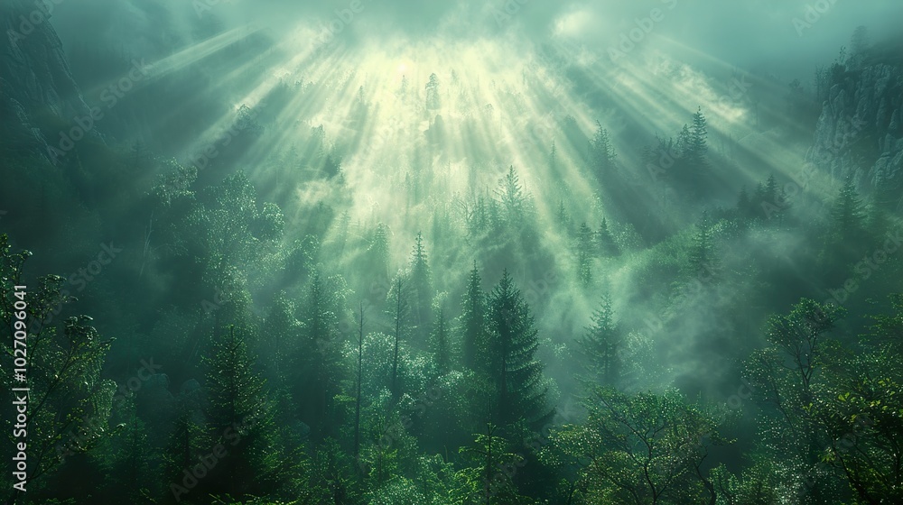 Sunbeams Through the Mist in a Lush Forest Sunbeams Through the Mist in a Lush Forest