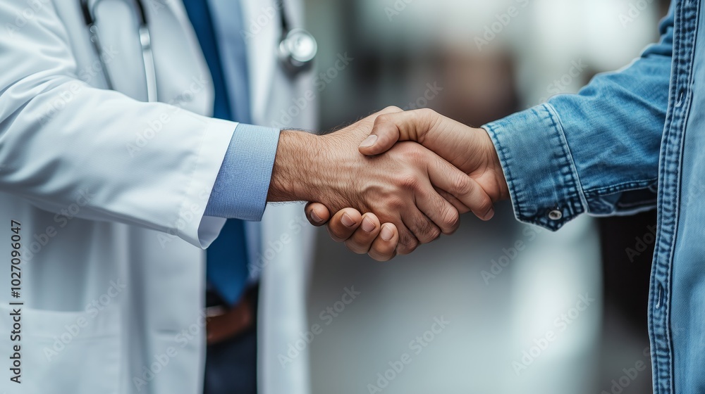 A close-up of two hands shaking, one in a white doctor's coat and stethoscope with a blue tie, the other man wearing a jeans shirt. A close-up of two hands shaking, one in a white doctor's coat and stethoscope with a blue tie, the other man wearing a jeans shirt.