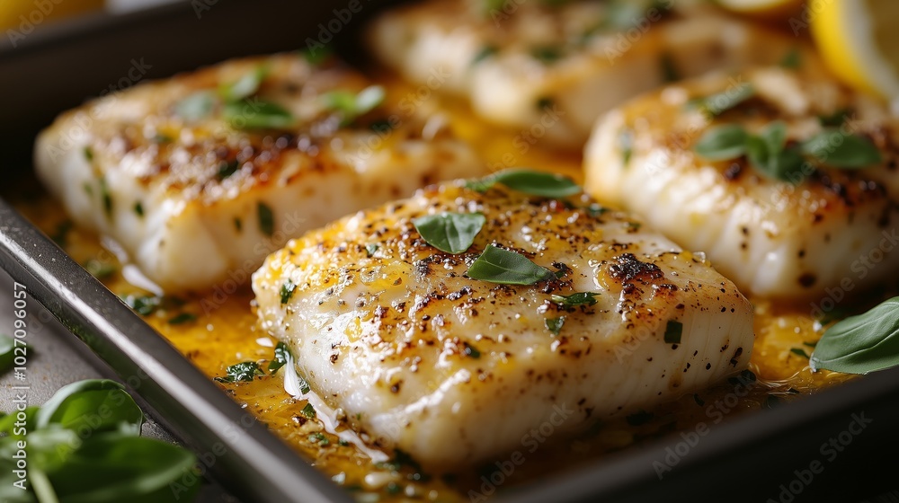 A close-up of perfectly seared fish fillets in lemon and garlic sauce, with sliced lemons visible on the side for serving A close-up of perfectly seared fish fillets in lemon and garlic sauce, with sliced lemons visible on the side for serving