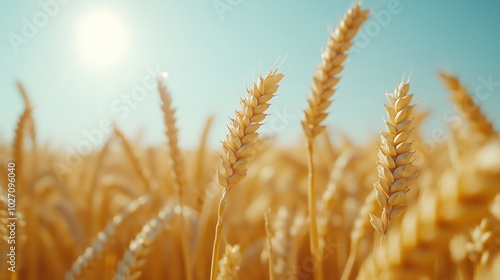 A close up of golden wheat ears in the foreground, with an open field and blue sky in the background