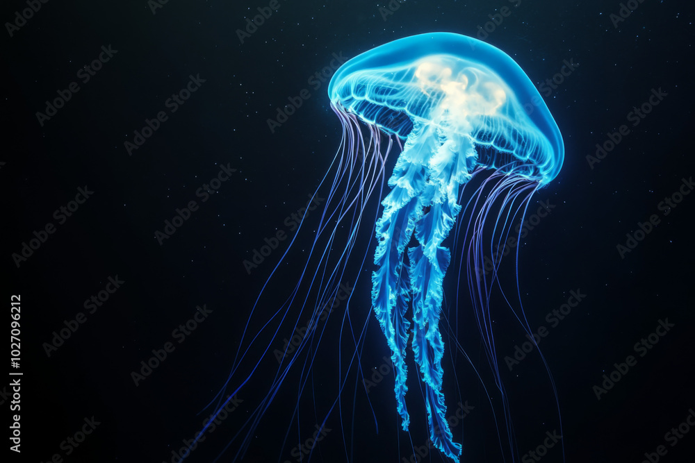 Glowing blue jellyfish gracefully floating in dark water at night Glowing blue jellyfish gracefully floating in dark water at night