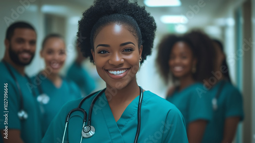 A group of smiling black nurse friends standing in the hospital hallway