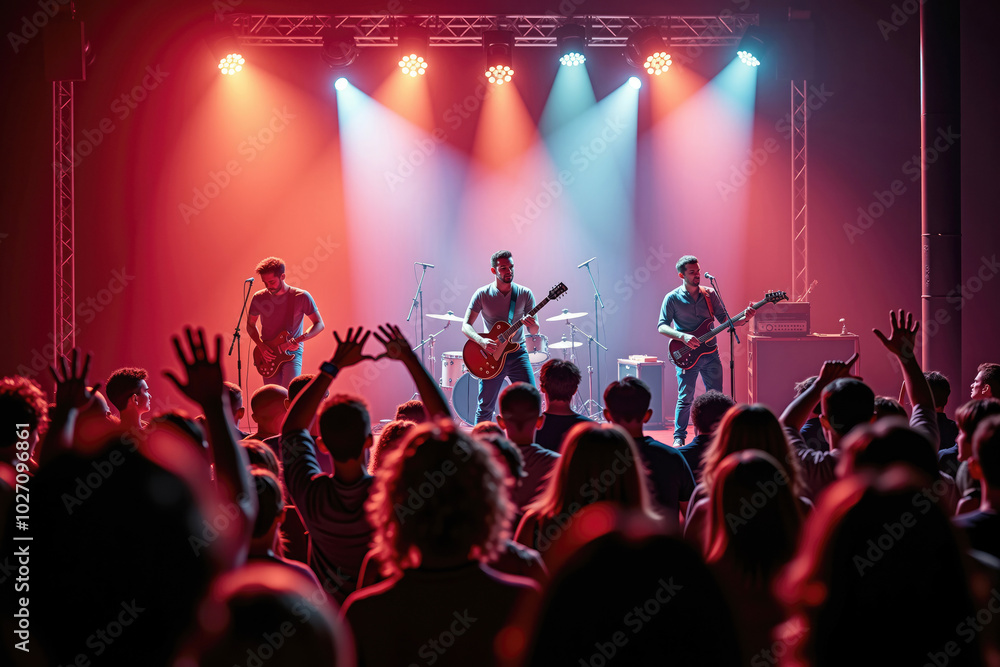Rock band playing music and performing live on stage for their fans