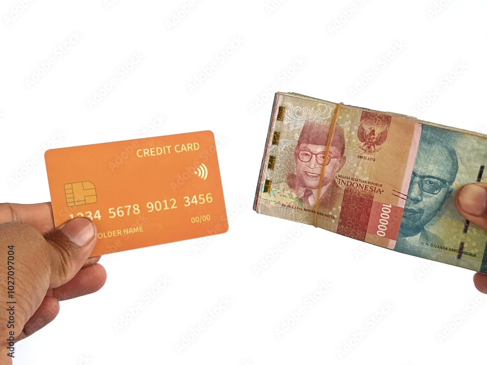 Hand holding a credit card and Rupiah denominations on a white background Hand holding a credit card and Rupiah denominations on a white background