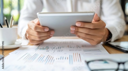 Professional Hands Holding a Tablet in Office Setting